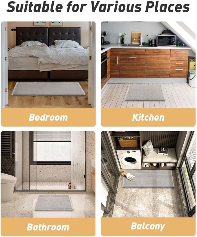AMOAMI Upgraded Waffle Runner Rug Super Absorbent Non Slip Bath Mats for Bathroom Machine Washable Bathroom Runner Rug with Tassels, Ideal for Hallway Bedroom Laundry Room, 2' x 4', LightGrey & Cream