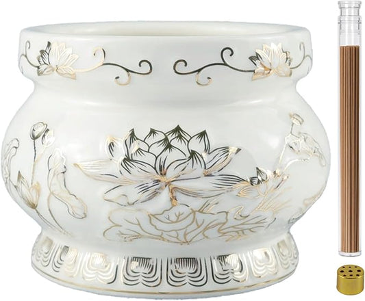 Ceramic Incense Burner Pot, Small Incense Bowl with Sticks and Brass Stand, Decorative Lotus Incense Holder Censer for Meditation Praying Buddha 4 Inch