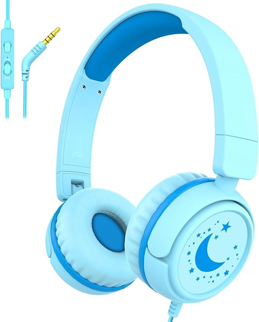 K6 Kids Headphones, 85/94dB Volume Limit Wired Headphones for Kids,3.5mm Jack Foldable Stereo Sound Toddler Headset with Mic, On-Ear Headphone for Smartphones/iPad/Tablet/Plane/Travel (Cyan)