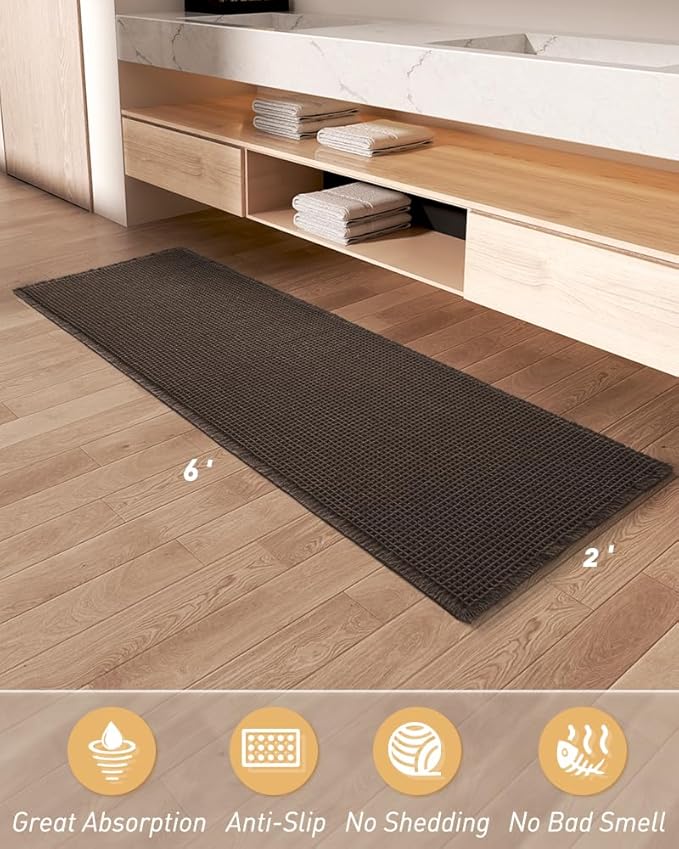 Upgraded Waffle Runner Rug Super Absorbent Non Slip Bath Mats for Bathroom Machine Washable Bathroom Runner Rug with Tassels, Ideal for Hallway Bedroom Laundry Room, Chocolate, 2'x 6'(24" x 72")