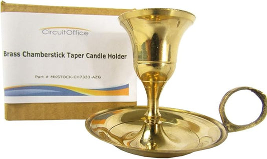CircuitOffice Brass Chamberstick Taper Candle Holder with Finger Ring, 3 1/4" Wide x 2 1/4" High, for Candle Burning, Decoration, Wicca, Altars, Gift, Item Display