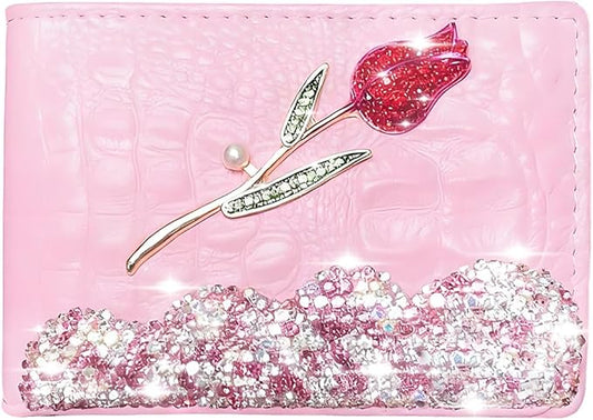 Bling Sparkle Rhinestone Flower Leather Credit Card Holder,10 Slots BlankDriver's License Holder for Women and Men, Multi-Functional Card Organizer for Documents, ID Cards, License (Pink)