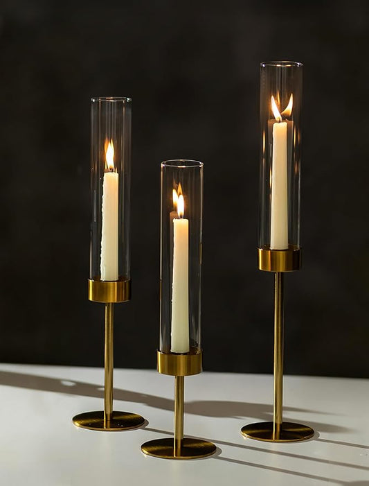 NUPTIO Candlestick Holders for Table Centerpiece: Set of 3 Gold Candle Sticks Holder with Clear Glass Hurricane - Tall Brass Taper Candle Holders for Outdoor Wedding Birthday Decor