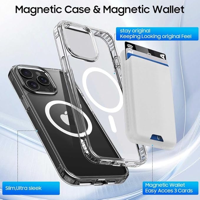 Ntwinro Magnetic for iPhone 15 Pro Clear Case (Compatible with MagSafe) with White Detachable Wallet & Card Holder for 3 Cards [RFID Blocking] Military Grade Protective Slim Phone Cover