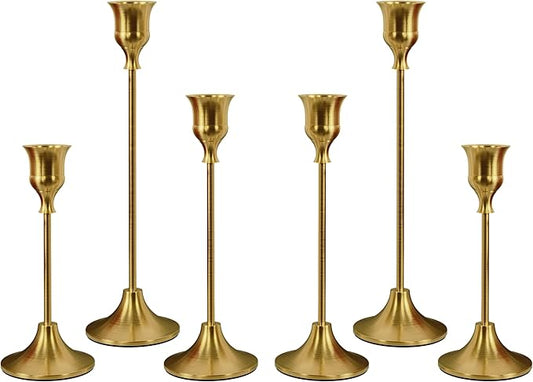 Set of 6 Brass Gold Candle Holders for Taper, Vintage Candlestick Holder Decorative Metal Candle Sticks Home Decor Centerpieces for Table Mantel Festive Decorations