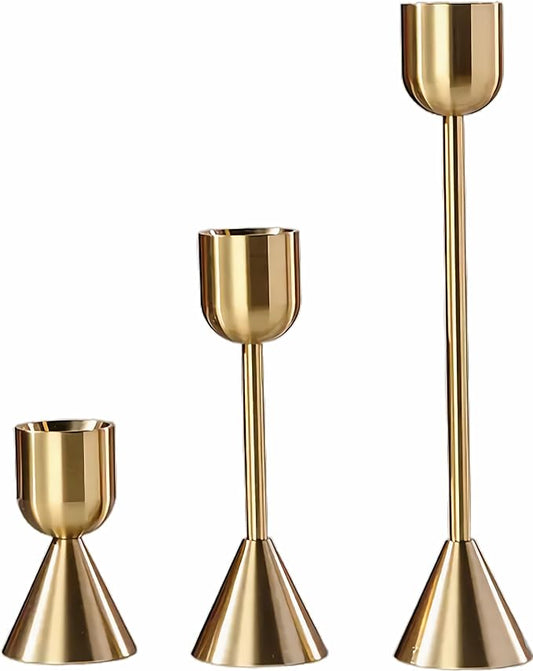 Brass Gold Candlestick Holder,Taper Candle Holders,Set of 3 Candle Stick Holders,Vintage Modern Decorative Centerpiece for Table Mantel Wedding Housewarming