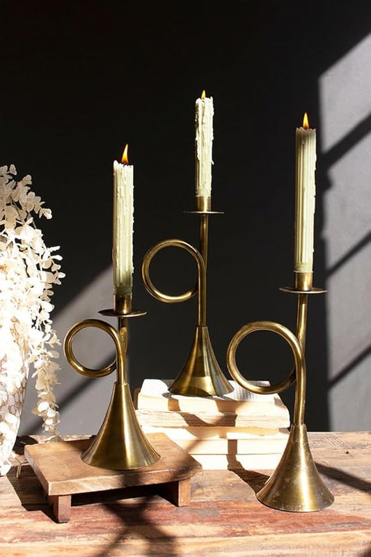 Kalalou Set of 3 Antique Brass Trumpet Taper Candle Holders
