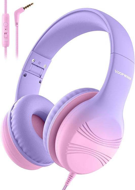 Kids Headphones, Wired Headphones for Kids with Microphone 85/94dB Volume Limit, Stereo Sound Portable Over Ear Headphones for School/Travel/Tablet/iPad, Violet Pink