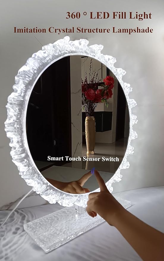Crystal LED Vanity Mirror with Touch Control 3 Color Lights, Dimming 360° Rotation Desktop Elegant Decorative Hollywood HD Makeup Mirror