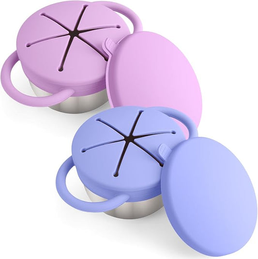 2-Pack Stainless Steel Snack Containers for Kids with Spill-Proof Silicone Lids & Handles - 3-in-1 Baby Snack Cups, No-Spill Toddler Snack Box, Perfect for On-the-Go Healthy Eating（Blue+Purple）