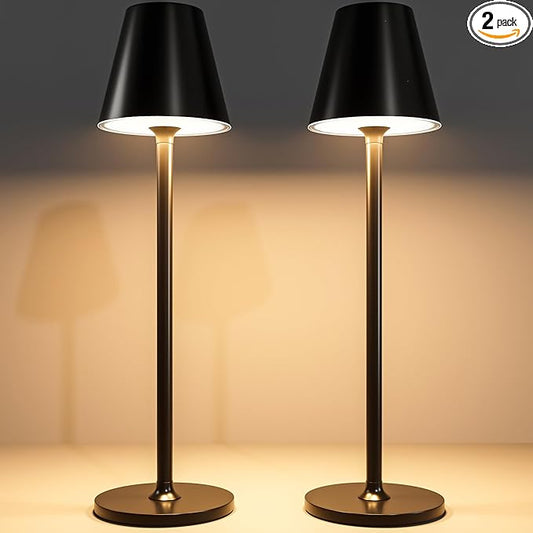 2-Pack Cordless Table Lamps - 5000mAh Rechargeable Battery Operated Desk Lamp, 3-Level Dimmable LED Night Light for Bedroom, Dining, Restaurant - Metal Design (Black 2-Pack)