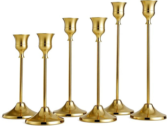 SylvaCraft Brass Gold Candle Holders Rustproof Taper Candlestick Holders for Holiday Party Table Centerpiece Wedding Fireplace Mantel Housewarming Gift(2 Sets(6 Pcs)) ﻿