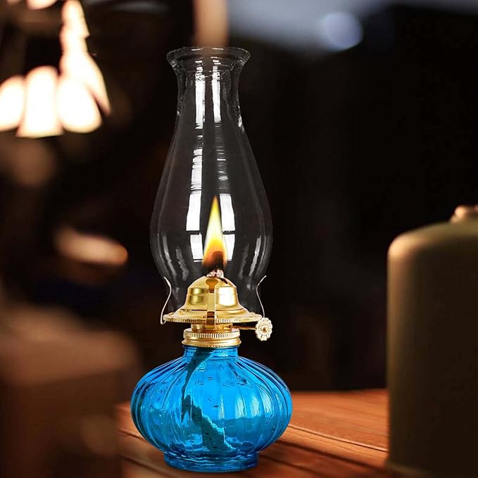 Large Oil Lamp for Indoor Use,Rustic Kerosene Lamp with 2 Pcs Wicks and 1 Tweezers,Glass Hurricane Lantern for Home Emergency Lighting (Blue)