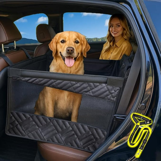 Large Dog Car Seat with Adjustable Seatbelt Leash, PU Leather Back Seat Extender for Dogs with Hard Bottom Pet Seat Cover, Waterproof Foldable Car Hammock for Medium Large Dogs for SUVs, Trucks & Cars