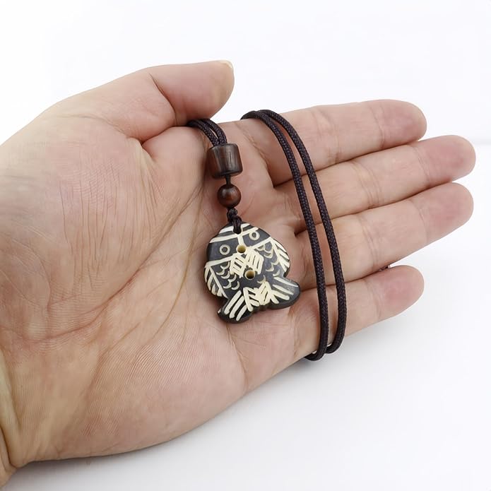 Handmade Black Bull Bone Pendant Necklace, Traditional Tribal Design, Wooden Beads, Adjustable Braided Rope, 24 Inch, Surfer Style