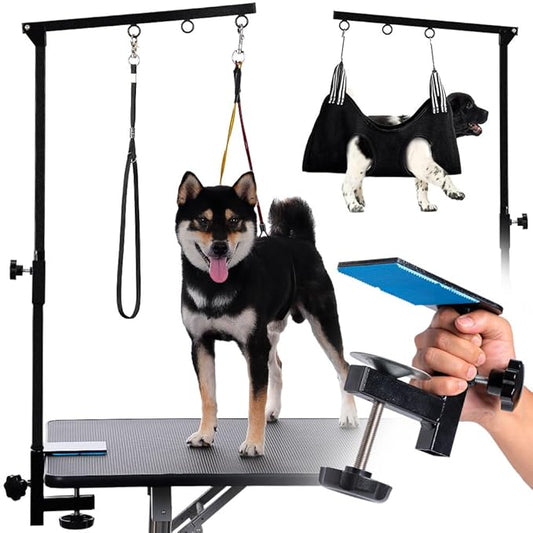Phenfor Dog Grooming Table Arm with Hammock - Adjustable Height, Pet Grooming Hammock, No Sit Haunch Holders, Loop Noose Heavy-Duty Clamp (Black)