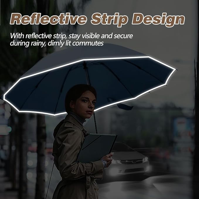 TOPSAIL 10 Ribs Inverted Umbrella with Carabiner Handle, Large Strong Windproof Umbrellas for Rain & Sun, 49" Portable Reverse Folding Compact Travel Umbrella with Safe Reflective Strip, for Women Men