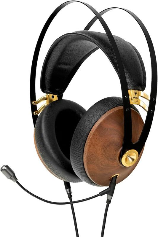 MEZE AUDIO | 99 Classics Walnut Gold & Boom Mic Headset | Wired Over-Ear Headphones with Boom Microphone and Self Adjustable Headband | Closed-Back Headset for Gaming | Remote Work | Audiophiles