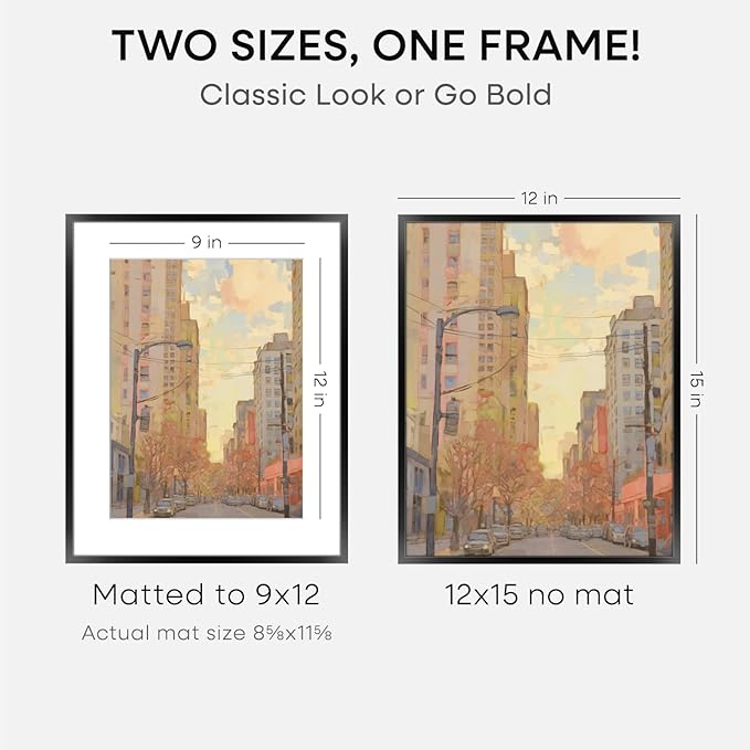 Homeforia 12x15 Picture Frame Black, High End Metal 12x15 Poster Frames with Mat 9x12 for Photo, 12 x 15 Black Frame Matted to 9 by 12 inch Print, 15x12 Thin Frames, Tempered Glass, Wall Kit, Set of 1
