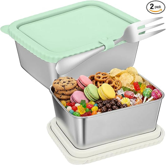 Acellegic Stainless Steel Snack Containers with Silicone Lids, 15 oz Reusable Food Storage Deli Containers for Meal, Leak Proof, Easy Open BPA Free Daycare and School(Beige, Green,2 Pack)
