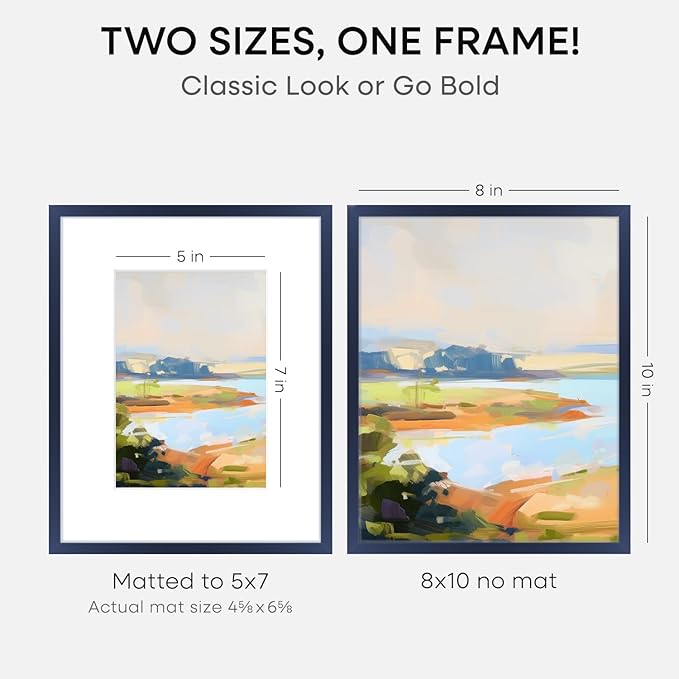 Homeforia 8x10 Picture Frame Navy Blue, High End Metal 8 x 10 Poster Frames with Mat 5 by 7 Print, 10x8 Thin Frame Matted to 7x5 Photo, 8by10 Wall or Tabletop Frame, Tempered Glass, Wall Kit, Set of 2