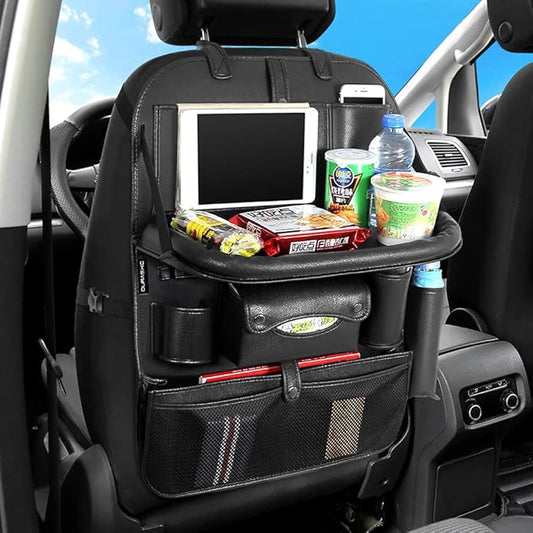 DURASIKO Car Backseat Organizer with Foldable Table Tray,Car Storage Organizer with Tablet Holder,Car Seat Back Protectors Kick Mats,Premium PU Leather Material,Compatible with Most Vehicles