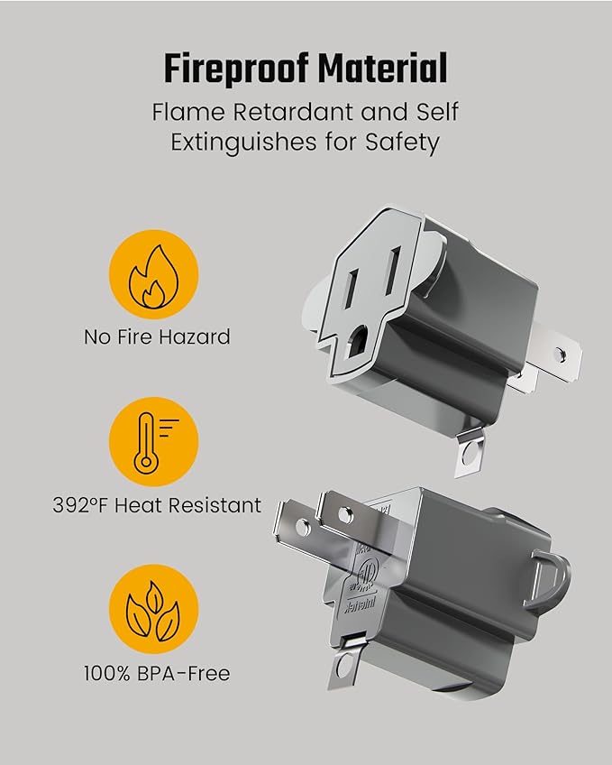 2 Prong to 3 Prong Outlet Adapter, SUPERDANNY ETL Listed 3-2 Prong Adapter, Fire-Retardant (392℉) PBT Material, Heavy Duty Wall Plug Adapter for Old Homes, Travel to Japan, Gray, 6-Pack