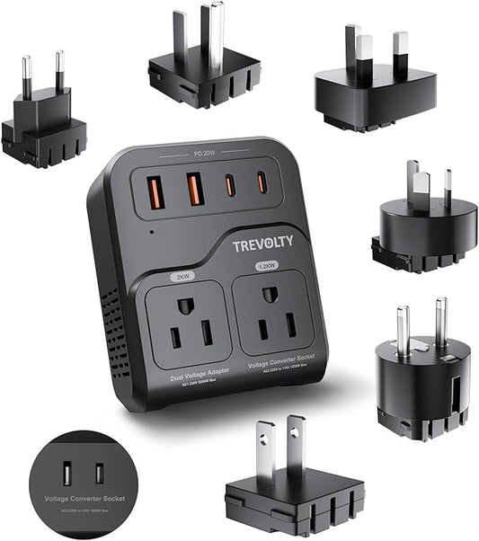 2000W Voltage Converter US to Europe, 220V to 110V Converter for Hair Dryer, 7-in-1 European Travel Plug Adapter with 3AC/2USB-A/2USB-C (PD20W), Travel Essentials with US/JP/FR/DE/UK/AU/EU