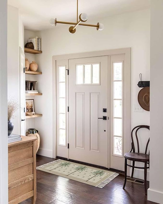 Tropical Palm Tree Hallway Runner Rug 2X6 Ft Kitchen Carpet, Washable Woven Brown Summer Beach Plant Throw Carpet with Tassel, Non-Shedding Farmhouse Retro Green Botanical Bedroom Laundry Rugs