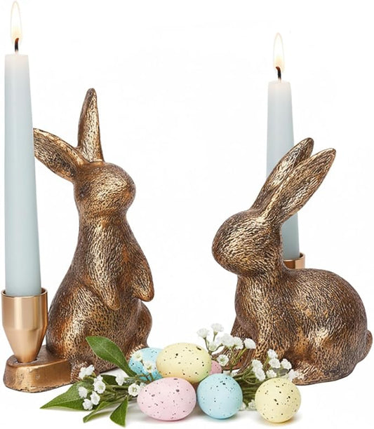 Gold Rabbit Candle Holders - Bunny Set of 2 Vintage Rustic Pedestal Candlesticks, Easter Decorations, Holiday & Themed Decor, Centerpieces for Fireplace Mantle & Dining Table