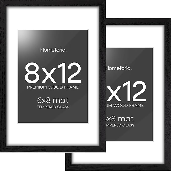 Homeforia 8x12 Black Picture Frame, High End Oak 8 x 12 Wood Frames with Mat 6 by 8 Print, 8by12 Wooden Frame Matted to 6x8 inch Photo, 12x8 Wall or Tabletop Frames, Tempered Glass, Wall Kit, Set of 2