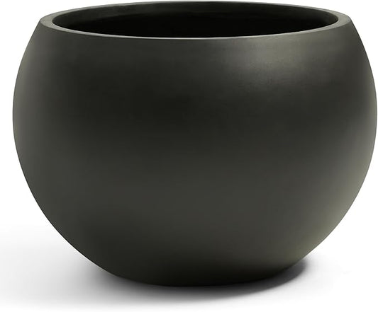 21.3" D Fiberstone Extra Large Planter, Black 16.6" Pot Opening x 14.8" H, Spherical Flower Pot with Drainage Hole, Weather Resistance Indoor Outdoor Planters