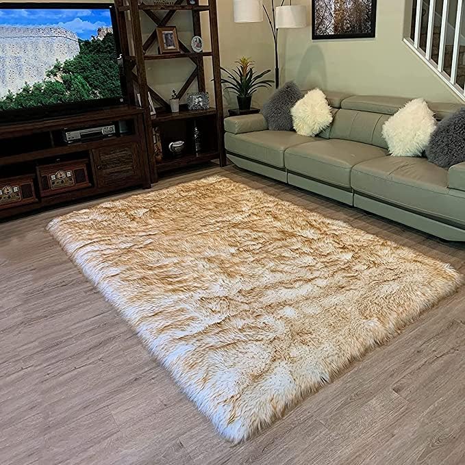 LAMBZY High Pile Super Soft Faux Sheepskin Rug (White/Brown, 3'x5')