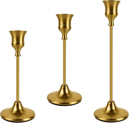 Brass Gold Candlestick Holders Set of 3, Metal Taper Candle Holders, Classic Decorative Candle Stick for Christmas, Wedding, Party, Dinner Tables,Home Décor