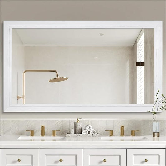 36" x 60" Rustic Wooden Framed Wall Mirror for Bathroom, White Wood Vanity Rectangle Mirror for Over Sink, Waterproof, Decor Bathroom, Living Room, Bedroom, Entryway, Horizontal/Vertical