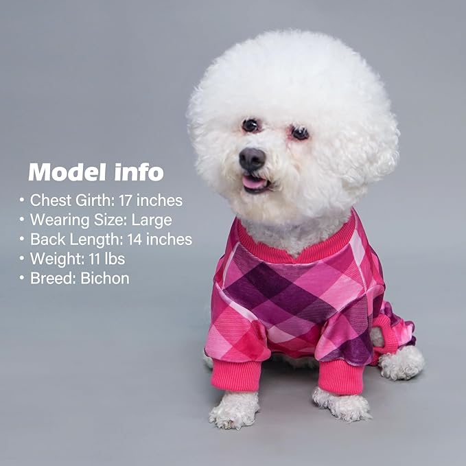 KYEESE Dog Pajamas Stretchy Onesie Lightweight Pjs Comfy Pet Clothes Velvet Doggie Jammies Soft Coat Plaid Dog Pajamas for Small Dogs Boy Girl,Pink, Large
