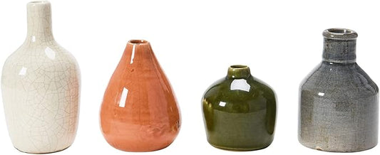 Creative Co-Op Stoneware Bud Vases in Crackle Glaze, Olive/Terracotta Tones, Set of 4