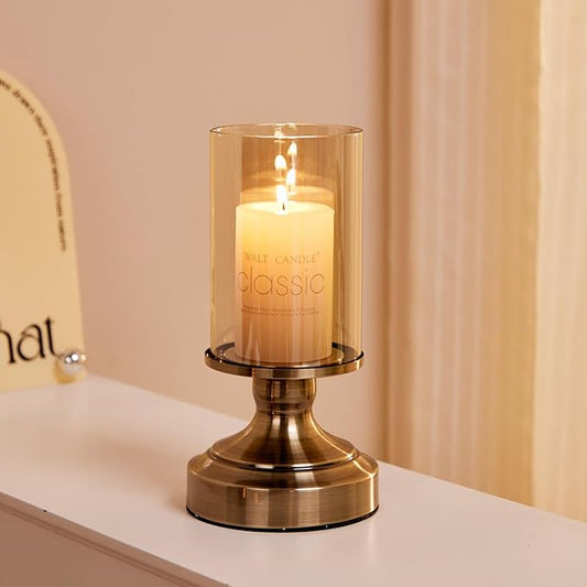 Brass Hurricane Candle Holder with Glass Lid, Anti-Tip Pillar Candle Holder for Wedding Dining Party Table Centerpiece, Elegant Home Decor