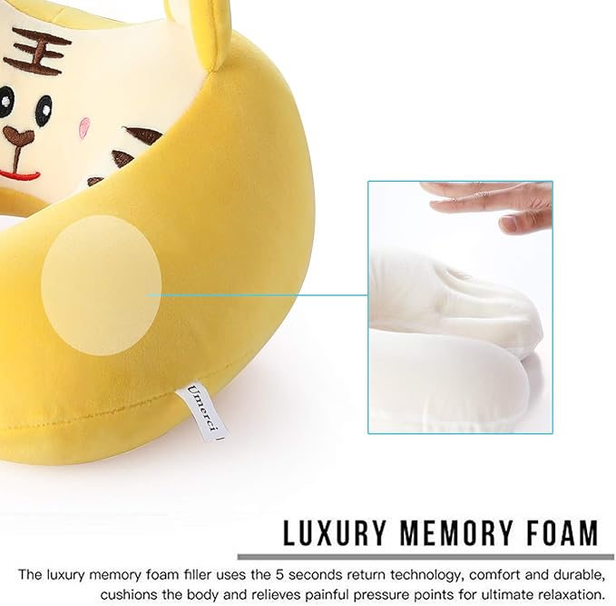 Umerci Travel Pillow, Memory Foam Neck Pillow with 360-Degree Head Support Comfortable Airplane Pillow with Storage Bag Lightweight Traveling Pillow for Sleeping, Car, Train, Bus and Home Use (Tiger)