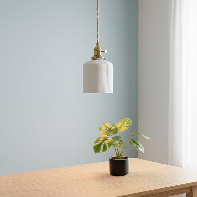 Modern Farmhouse Mini Pendant Light with White Ceramic Cylindrical Shade, Brass E26 Socket with On/Off Switch, Hardwired Hanging Lamp for Vanity, Kitchen Sink Lighting Bar Counter
