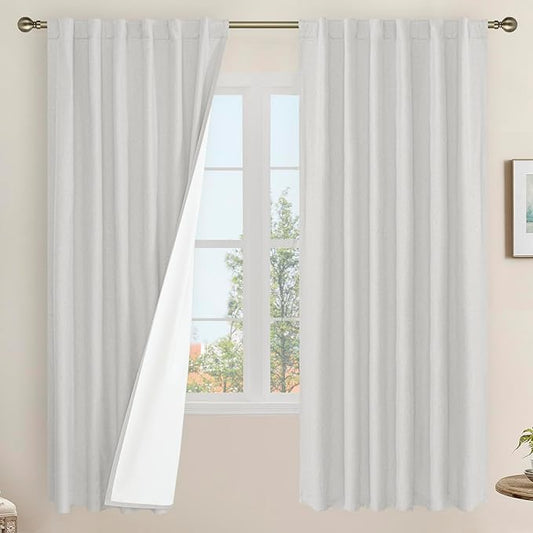 LAMIT 100% Blackout Linen Curtains, 72 Inch Linen Textured Living Room Curtains Room Darkening Back Tab and Rod Pocket Burlap Neutral Panels with White Liner, 2 Panels, 52 x 72 Inch, Light Grey
