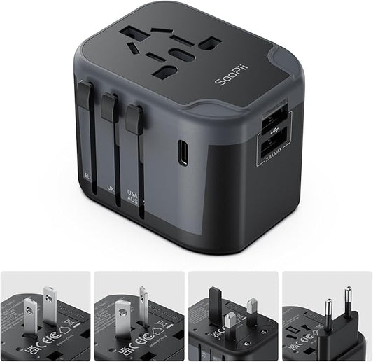 SooPii Universal Travel Adapter,Power Converters with 1 USB C and 2 USB A Ports, 7 in 1 Worldwide Travel Plug Adapter Wall Charger,International Power Adapter for EU, USA, UK, AUS,Asia etc(Black)