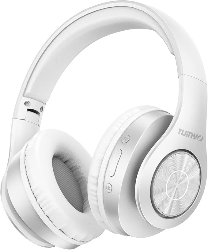 TUINYO Bluetooth Headphones Wireless, Over Ear Stereo Wireless Headset 40H Playtime with deep bass, Soft Memory-Protein Earmuffs, Built-in Mic Wired Mode PC/Cell Phones/TV-White … …