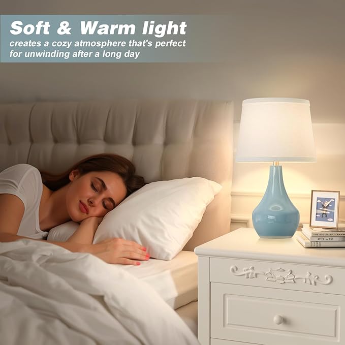 Seealle 19.4" Modern Sky Blue Table Lamp Set of 2-Bedside Lamps for Nightstand, Bedroom Lamp for Living Room Desk End Table Office Guest Room Dresser