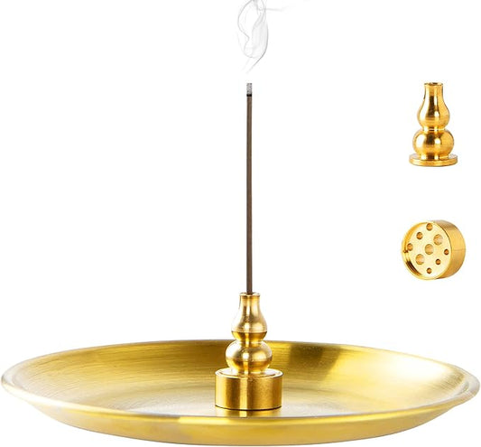 3 in 1 Incense Burner - 5.5 Inch Brass Incense Holder for Incense Sticks/Coil Incense/Incense Cones - Metal Gourd-Shaped Ash Catcher for Meditation Yoga Room Home Decor ZX11S