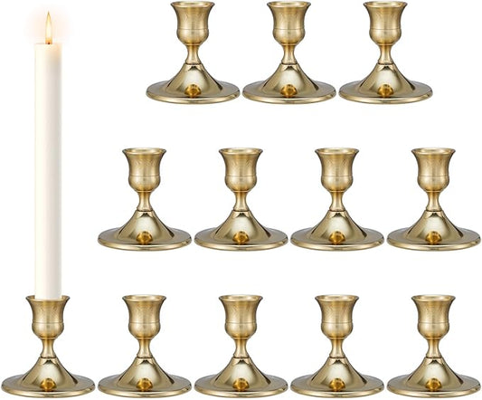 Taper Candle Stick Holder, 12PCS Brass Gold Candle Holders for Candlesticks, Vintage Metal Candlestick Holders for Dinner Room Table Centerpiece or Mantel Wedding Party Decor (12, Gold)