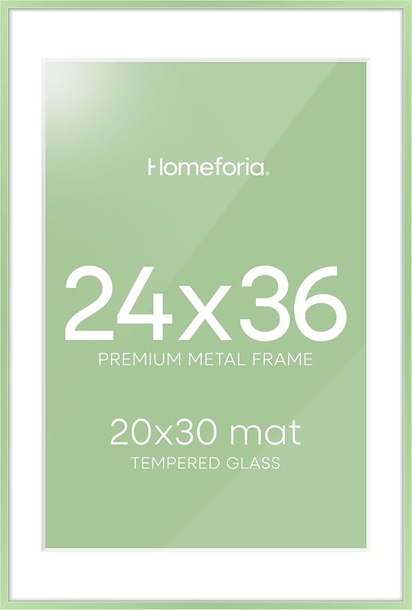 Homeforia 24x36 Sage Green Picture Frame, High End Metal 24x36 Large Poster Frames with Mat 20x30 inch Photo, 24 x 36 Thin Frame Matted to 20 x 30 Art, 36x24 Frames, Tempered Glass, Wall Kit, Set of 1