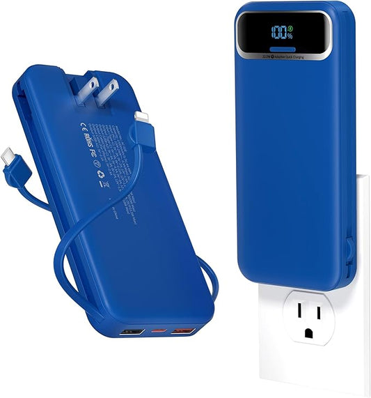 12000mAh Lightweight-Portable-Charger-Power-Bank with Built-in Cables and AC Wall Plug, PD20W USB-C Fast Charging Battery Pack, LED Display External Travel Phone Charger for All iPhone,Samsung,Android