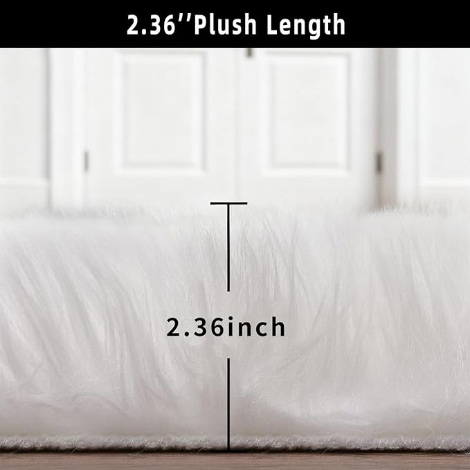 White Faux Fur Sheepskin Area Rug for Living Room Bedroom, 2 x 4 Feet Ultra Soft Shaggy Fuzzy Furry Carpet Chair Throw Rugs for Kids, Girls, Nursery Room Decor Dorms-Special Shape