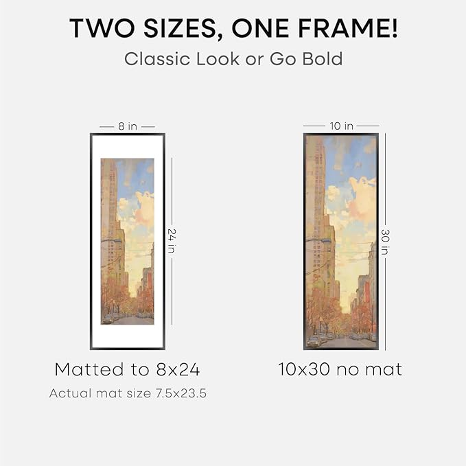 Homeforia 10x30 Picture Frame Black, High End Metal 10x30 Poster Frames with Mat 8x24 for Photo, 10 x 30 Black Frame Matted to 8 by 24 Print, 30x10 Panoramic Frames, Tempered Glass, Wall Kit, Set of 1